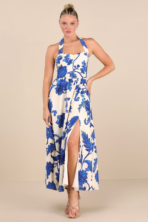 Layton Blue and Cream Floral Halter Maxi Dress