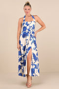 Layton Blue and Cream Floral Halter Maxi Dress