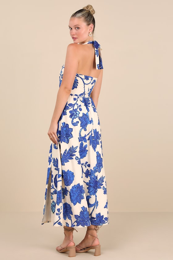 Layton Blue and Cream Floral Halter Maxi Dress