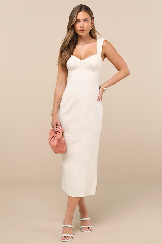 Amyra Cream Cap Sleeve Bustier Midi Dress
