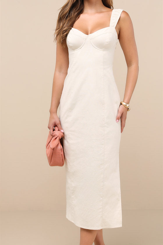 Amyra Cream Cap Sleeve Bustier Midi Dress