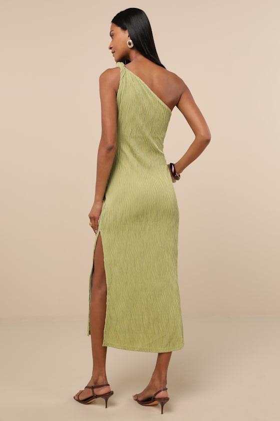 Aristea Light Green Textured One-Shoulder Midi Dress