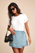 Eileen Light Wash Denim Faux-Wrap Mini Skirt