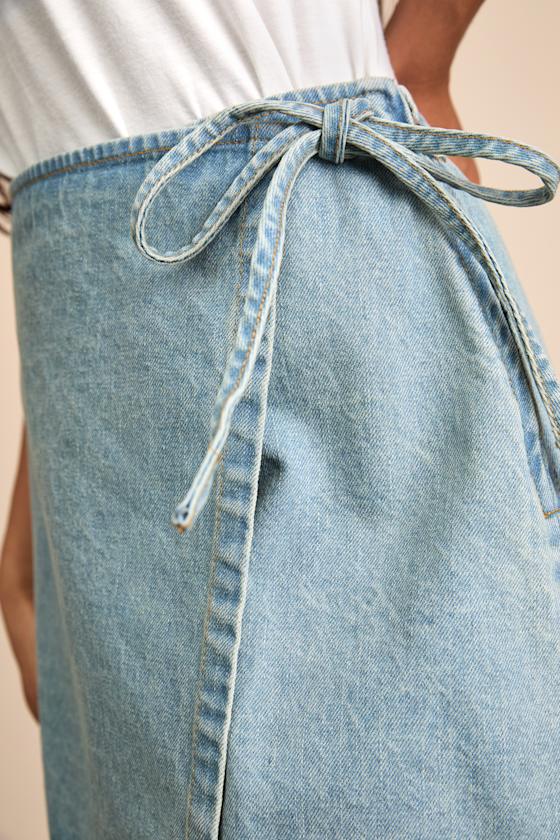 Eileen Light Wash Denim Faux-Wrap Mini Skirt