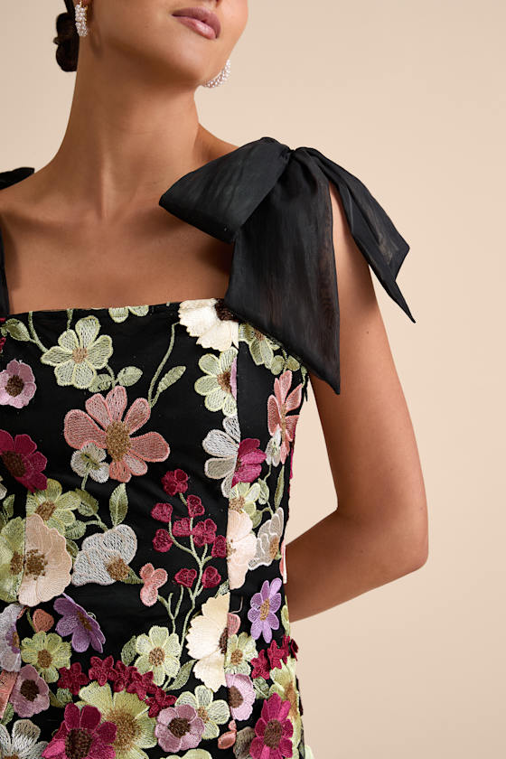 Emphatically Adorable Black Floral Tie-Strap Mini Dress