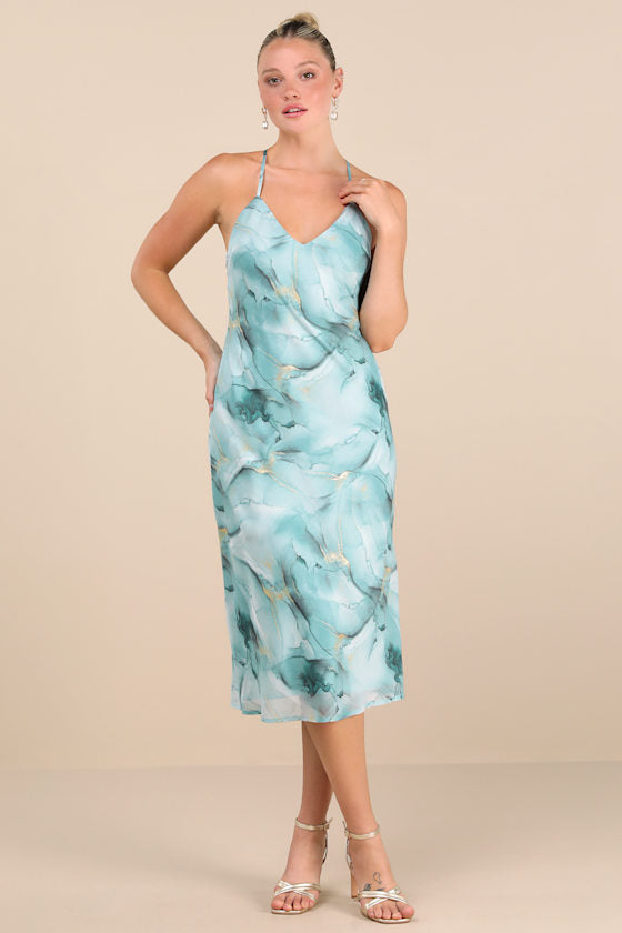 Bright Charm Light Blue Abstract Print Chiffon Slip Midi Dress