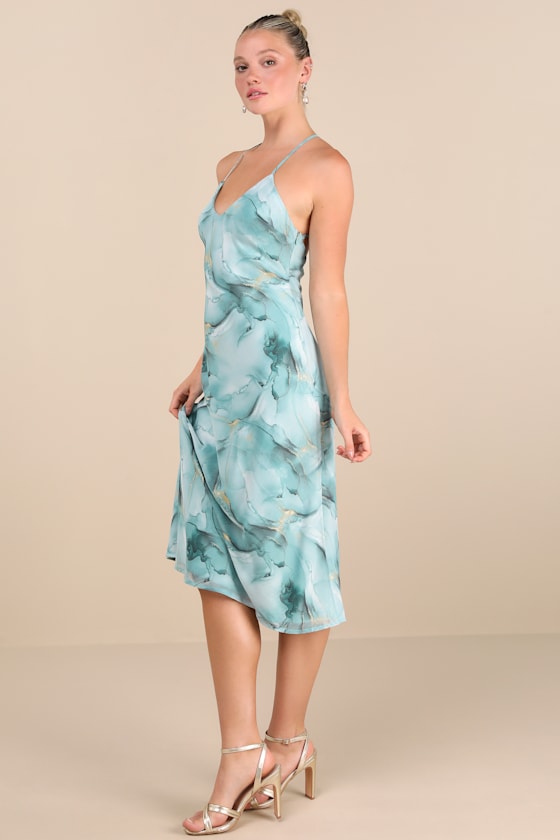 Bright Charm Light Blue Abstract Print Chiffon Slip Midi Dress
