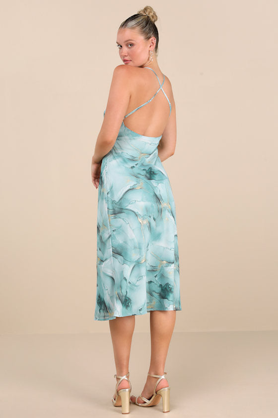 Bright Charm Light Blue Abstract Print Chiffon Slip Midi Dress