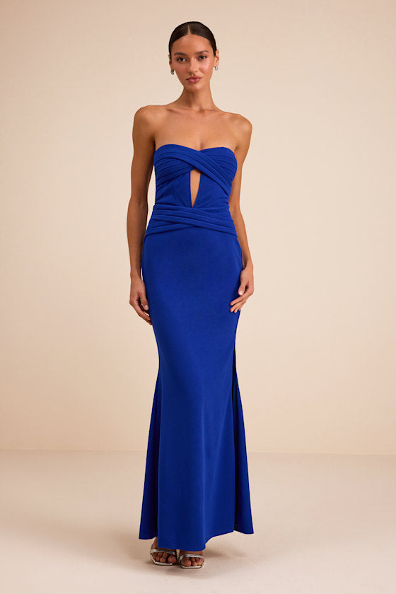 Elegant Finesse Royal Blue Pleated Cutout Maxi Dress