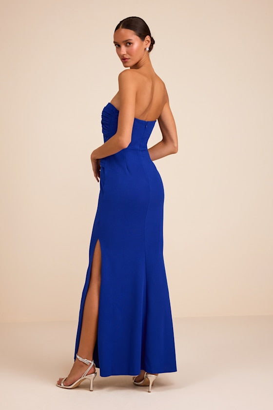Elegant Finesse Royal Blue Pleated Cutout Maxi Dress