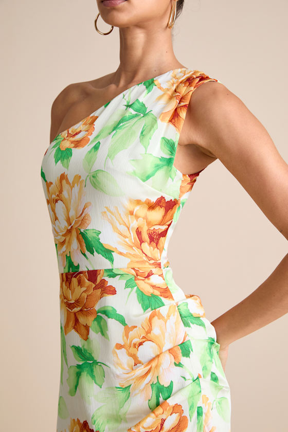Divinely Blooming White Multi Floral One-Shoulder Midi Dress