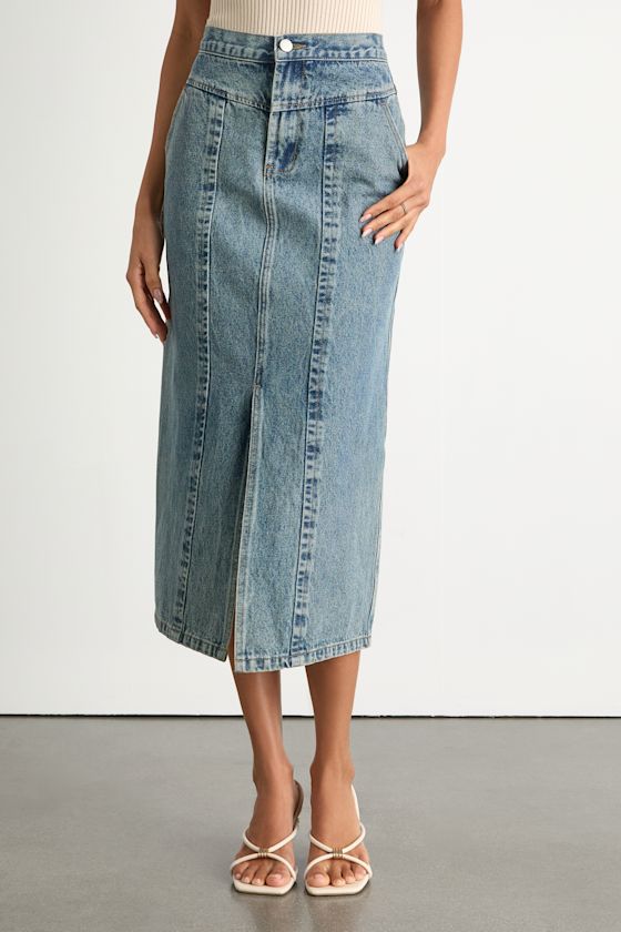 Aisling Light Wash High-Rise Denim Midi Skirt
