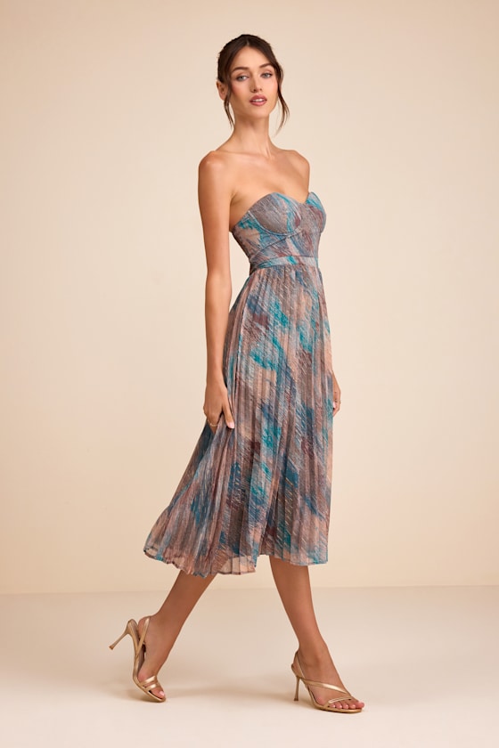 Juniva Teal Multi Abstract Print Pleated Bustier Midi Dress