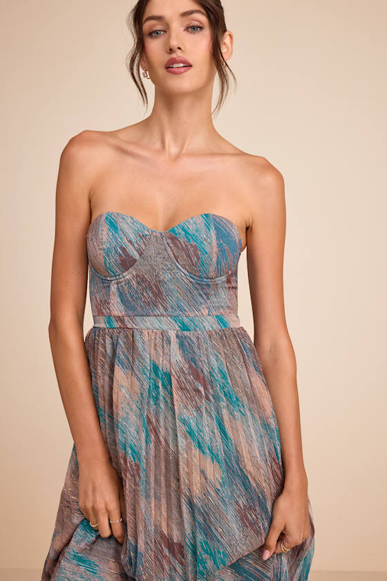 Juniva Teal Multi Abstract Print Pleated Bustier Midi Dress