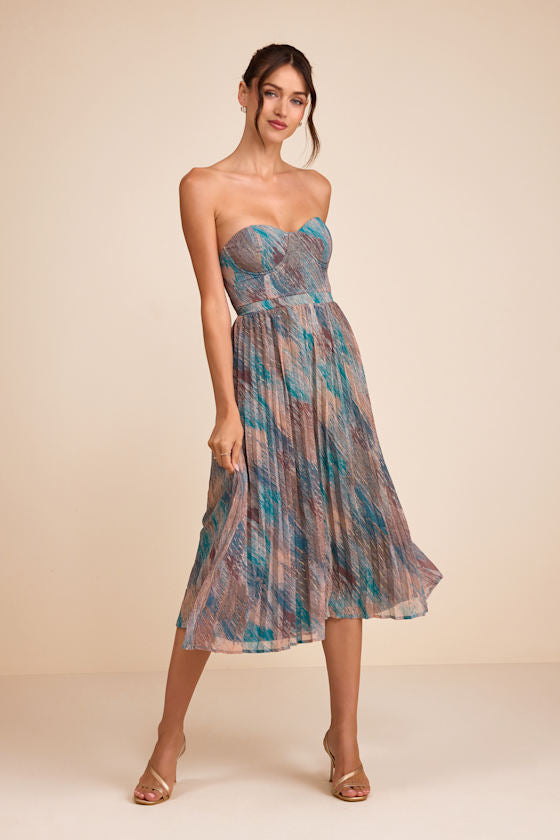 Juniva Teal Multi Abstract Print Pleated Bustier Midi Dress