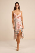 Bensley Beige Multi Boho Print Satin Wrap Midi Dress