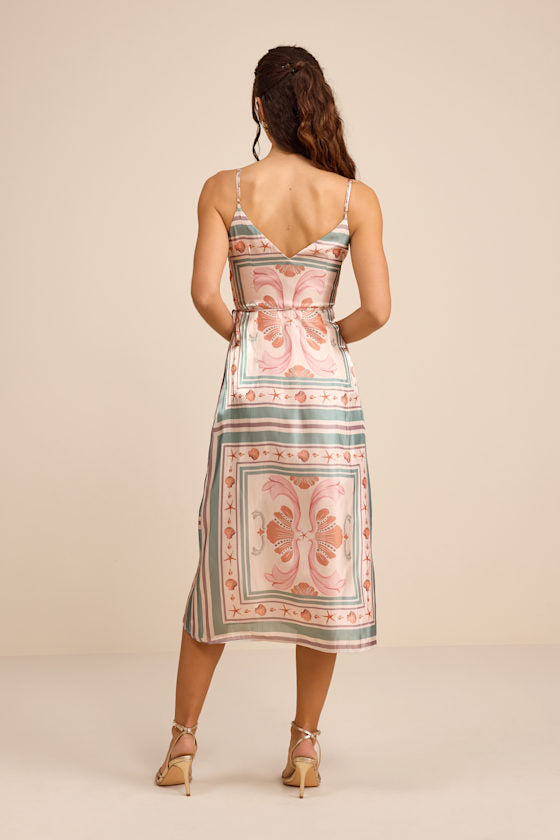 Bensley Beige Multi Boho Print Satin Wrap Midi Dress
