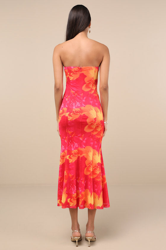 Islay Hot Pink Floral Abstract Mesh Strapless Midi Dress