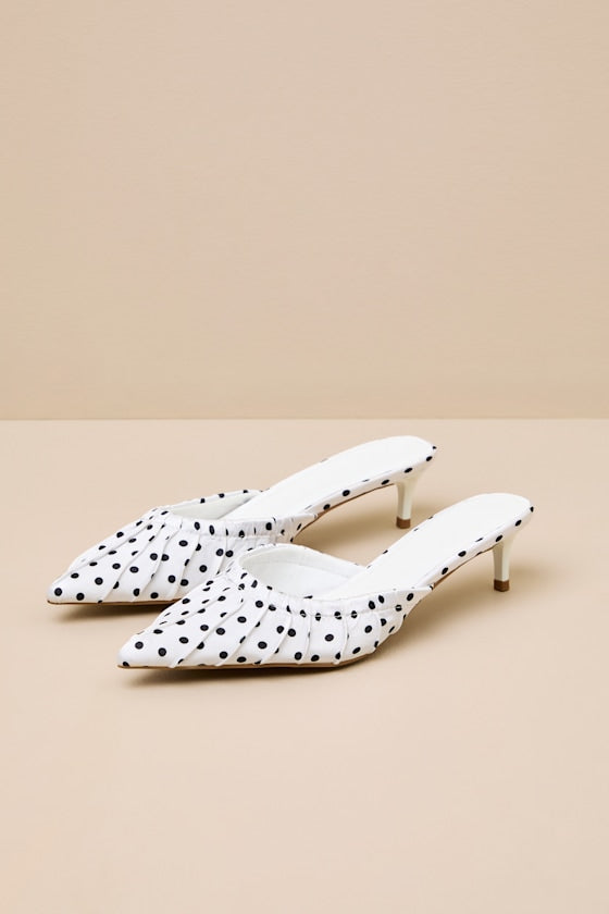 Baleia White Polka Dot Satin Kitten Heel Mule Pumps