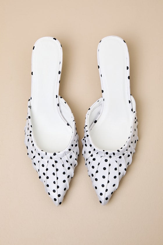 Baleia White Polka Dot Satin Kitten Heel Mule Pumps