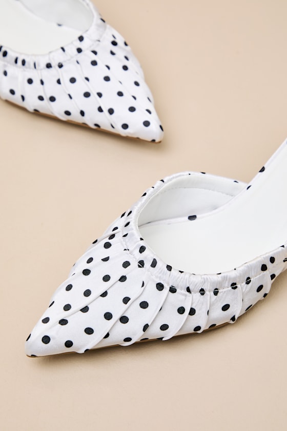 Baleia White Polka Dot Satin Kitten Heel Mule Pumps