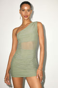 Neela Olive Mesh One-Shoulder Mini Dress