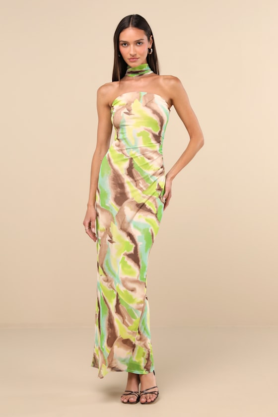 Adria Green Multi Abstract Print Mesh Maxi Dress