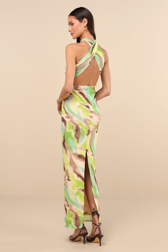 Adria Green Multi Abstract Print Mesh Maxi Dress