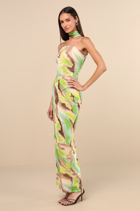 Adria Green Multi Abstract Print Mesh Maxi Dress