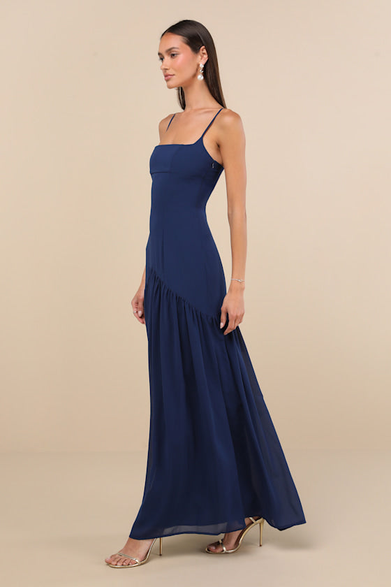 Auria Navy Blue Chiffon Drop Waist Maxi Dress