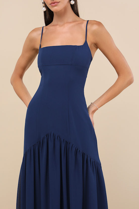 Auria Navy Blue Chiffon Drop Waist Maxi Dress