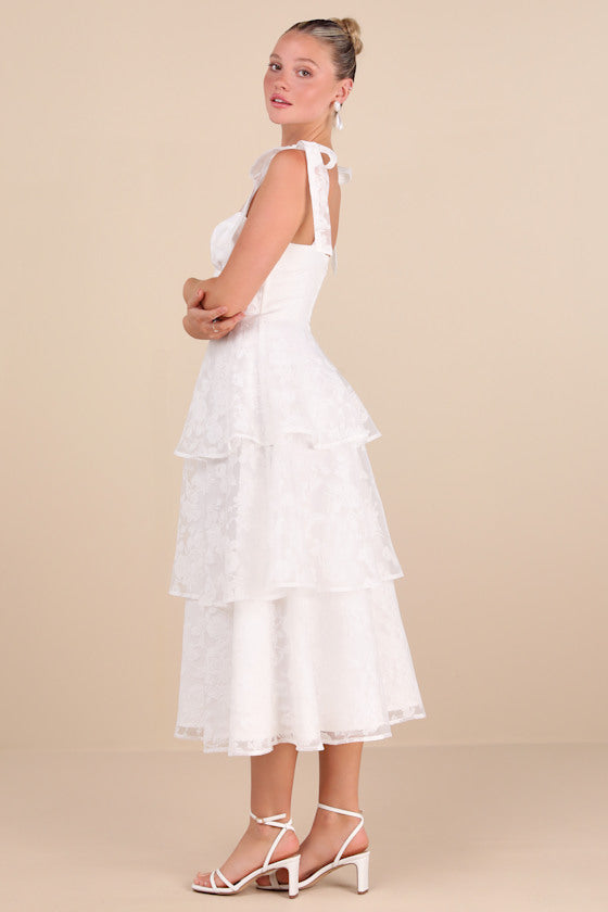 Glamorous Sweetie White Burnout Tie-Strap Bustier Midi Dress