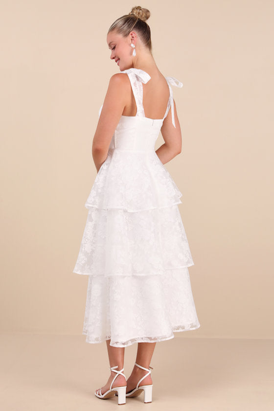 Glamorous Sweetie White Burnout Tie-Strap Bustier Midi Dress