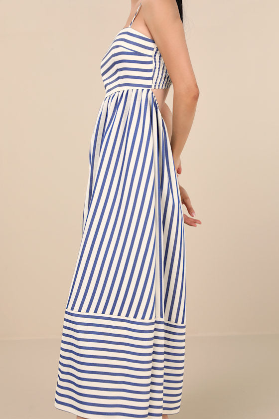 Exceptionally Pristine Blue and Cream Striped Cutout Midi Dress