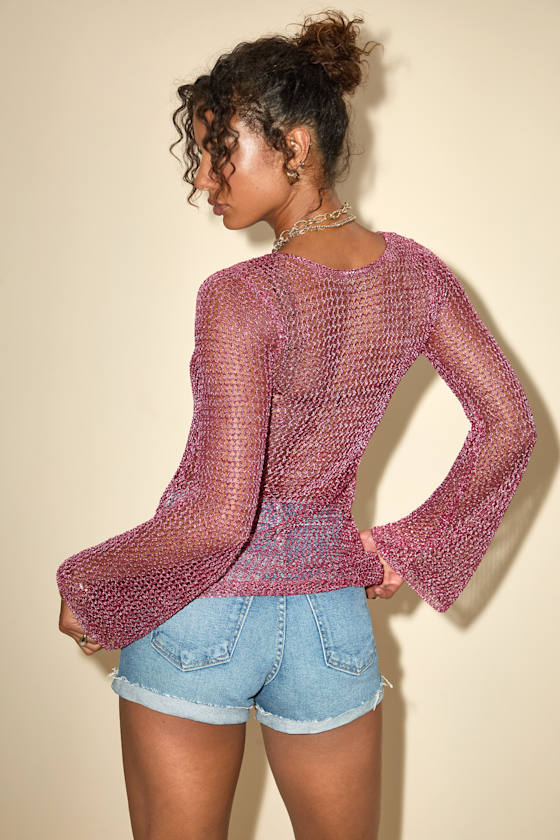 Kahele Shiny Pink Sheer Open-Knit Long Sleeve Tunic Top
