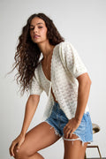 Avelyn Ivory Pointelle Knit Puff Sleeve Sweater Top