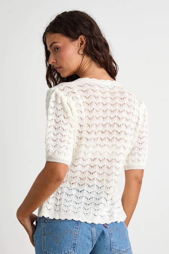 Avelyn Ivory Pointelle Knit Puff Sleeve Sweater Top