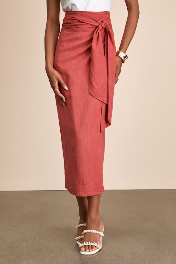 Breezy Personality Rust Red Linen Midi Wrap Skirt
