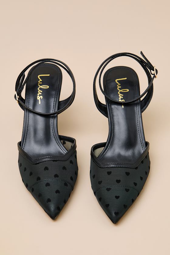Polaris Black Mesh Heart Ankle Strap Pumps