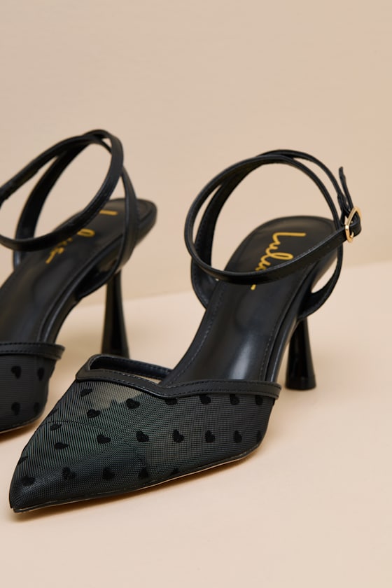 Polaris Black Mesh Heart Ankle Strap Pumps