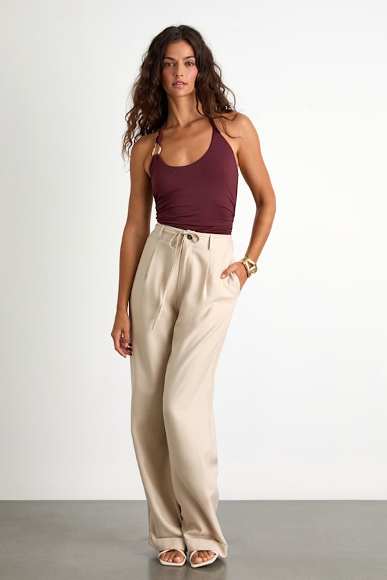 Bowen Light Khaki High-Rise Wide-Leg Trouser Pants