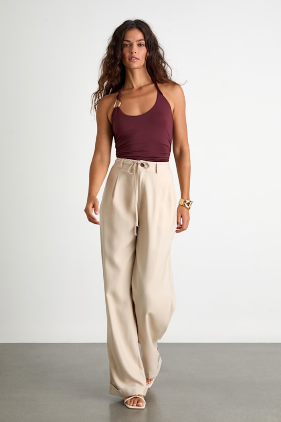 Bowen Light Khaki High-Rise Wide-Leg Trouser Pants
