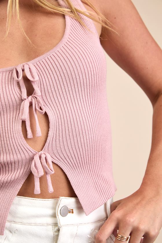 Araminta Light Pink Ribbed Tie-Front Sweater Tank Top