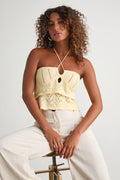 Linden Light Yellow Crochet Cutout Tiered Halter Top