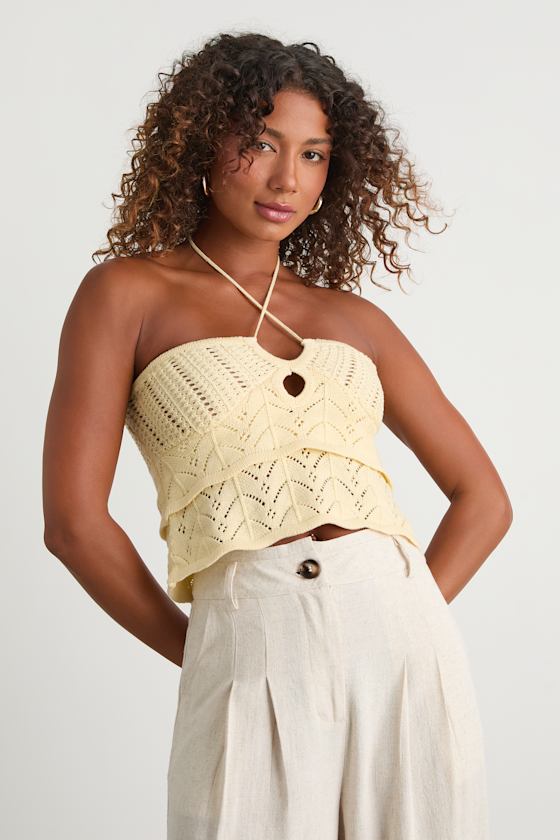 Linden Light Yellow Crochet Cutout Tiered Halter Top