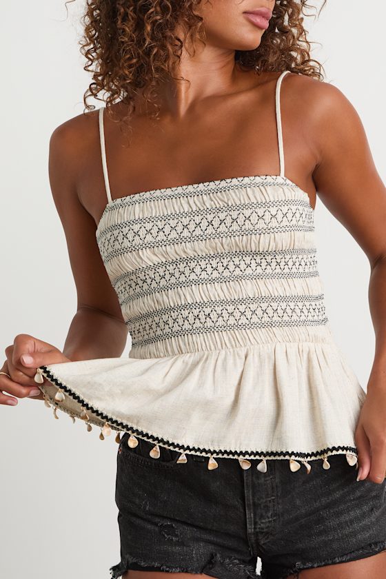 Bibiana Beige Embroidered Seashell Peplum Top