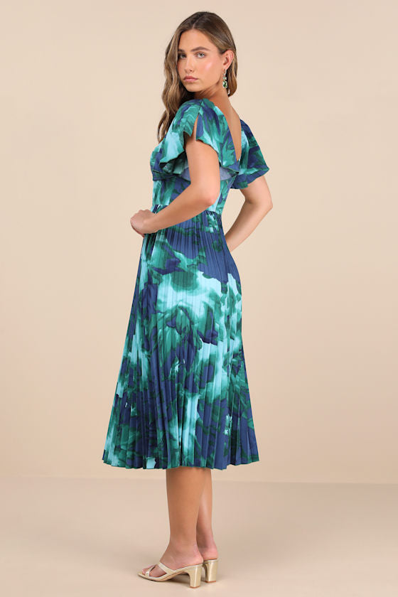 Authentically Yours Teal Multi Abstract Print Satin Midi Dress