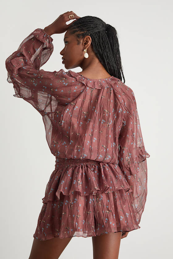 Christy Rust Floral Button-Front Long Sleeve Mini Dress