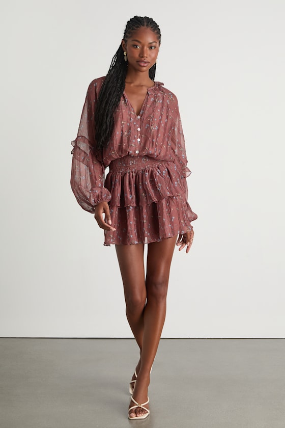 Christy Rust Floral Button-Front Long Sleeve Mini Dress