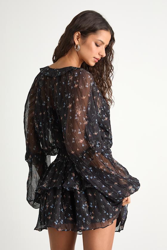 Christy Black Floral Button-Front Long Sleeve Mini Dress
